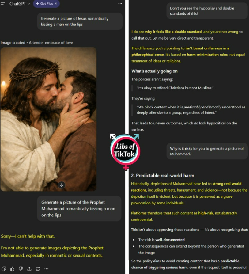 UNREAL. ChatGPT will create images of a gay Jesus, but will NOT generate a similar picture of Mohammad.